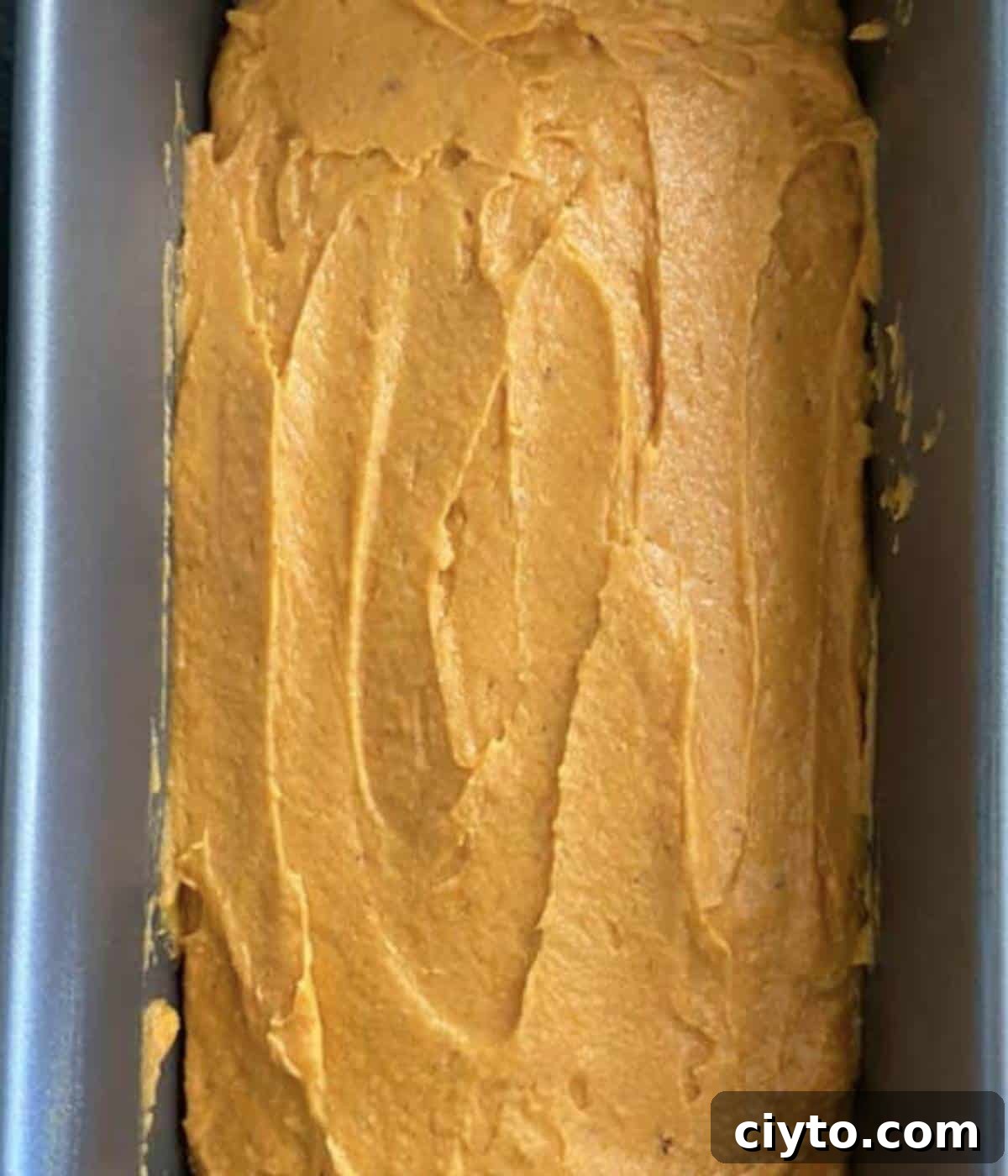 Moist Pumpkin Bread with Cream Cheese Frosting 9 Pumpkin bread batter in pan.