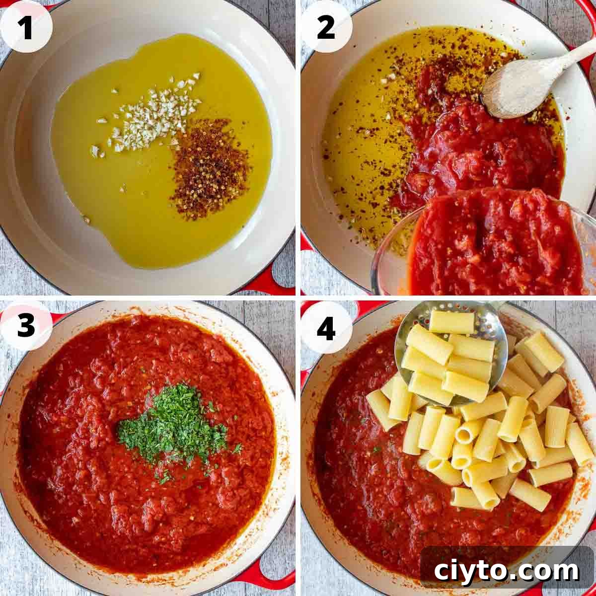 Four step process showing how make this pasta recipe.
