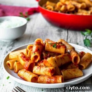 Rigatoni Arrabbiata on a white plate with red skillet in the background.