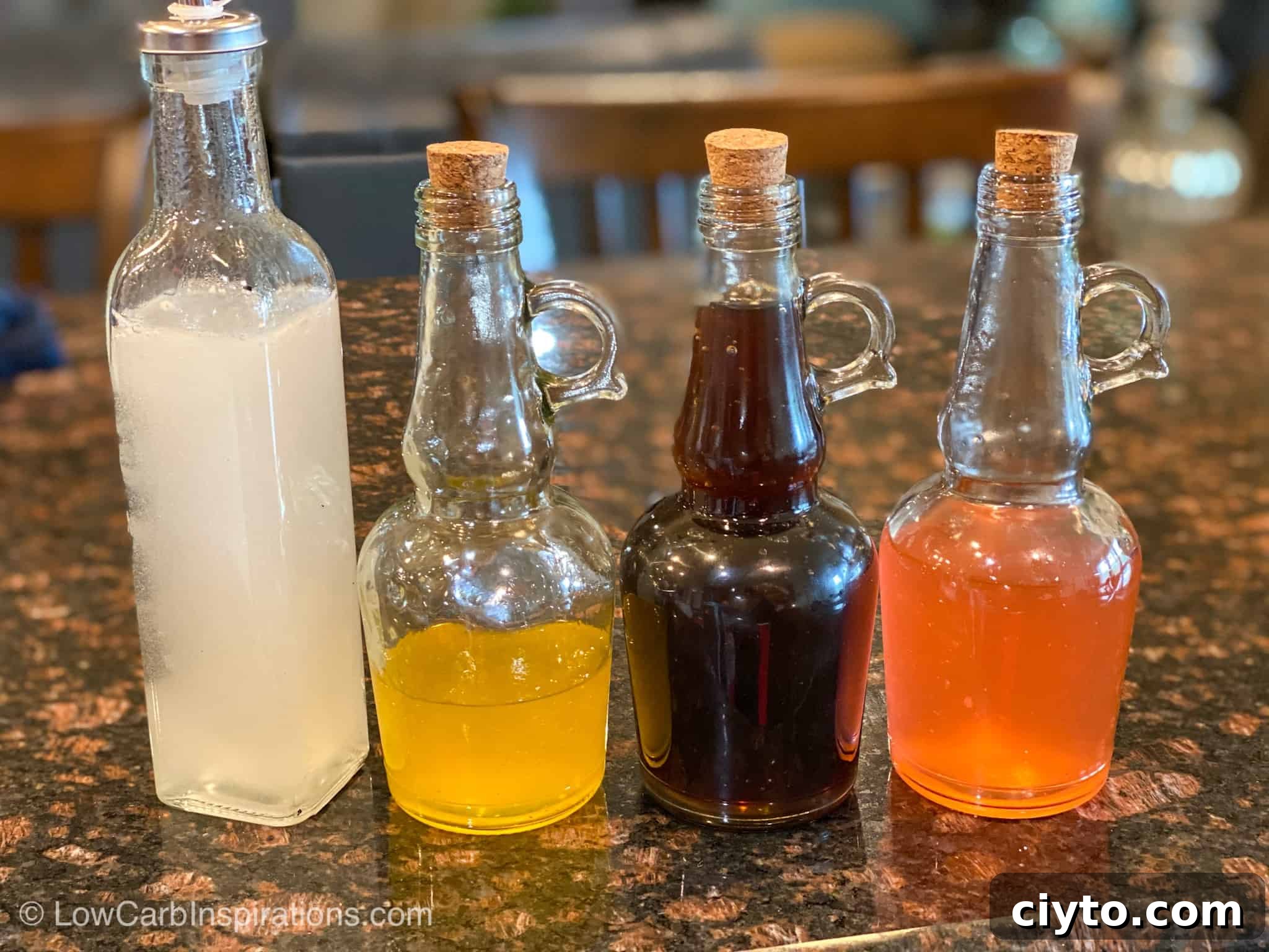 Homemade Sugar-Free Strawberry Syrup Recipe 3 Multiple sugar free syrups in one photo