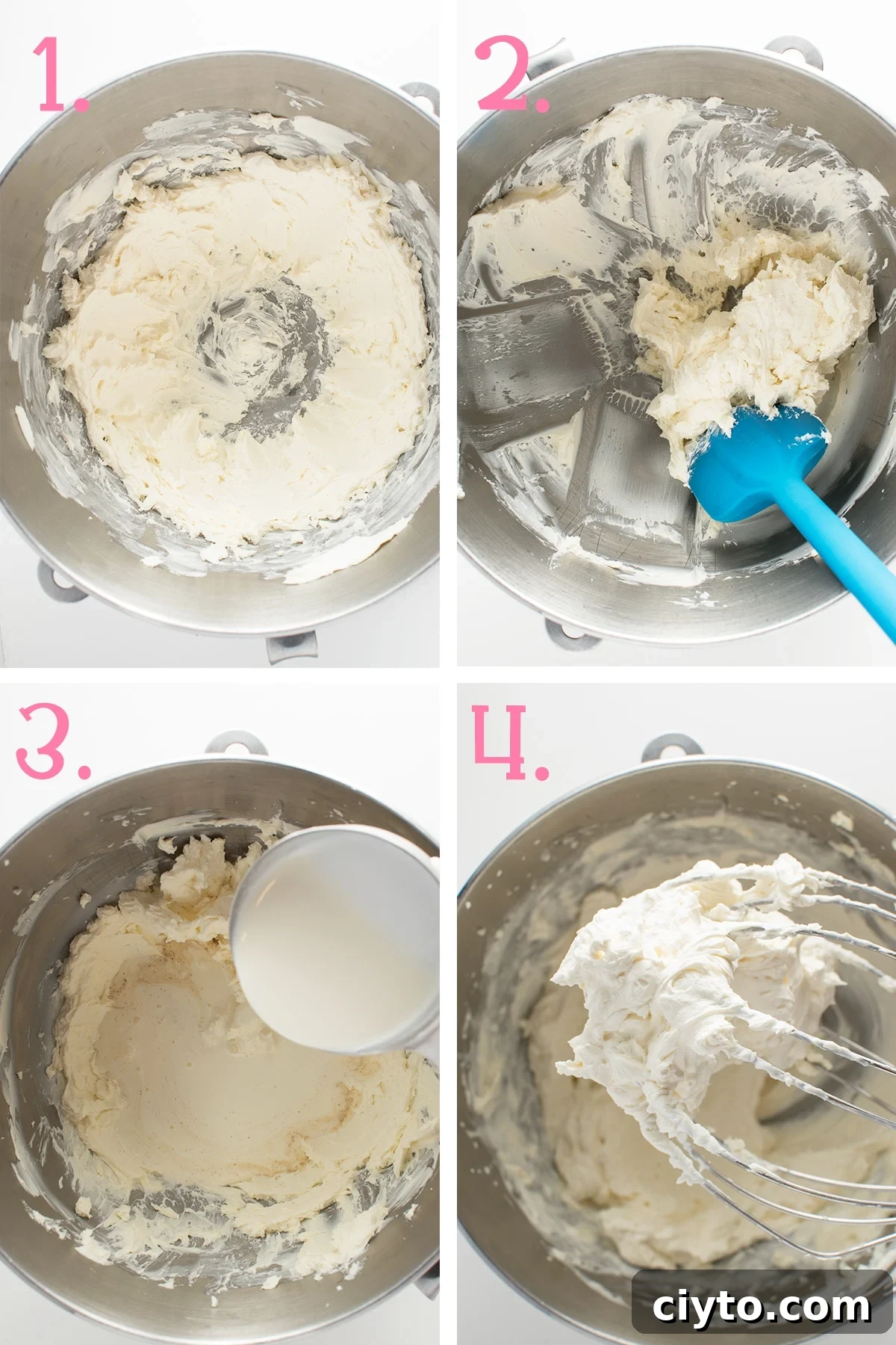 In process photographs of low carb whipped cream frosting being made