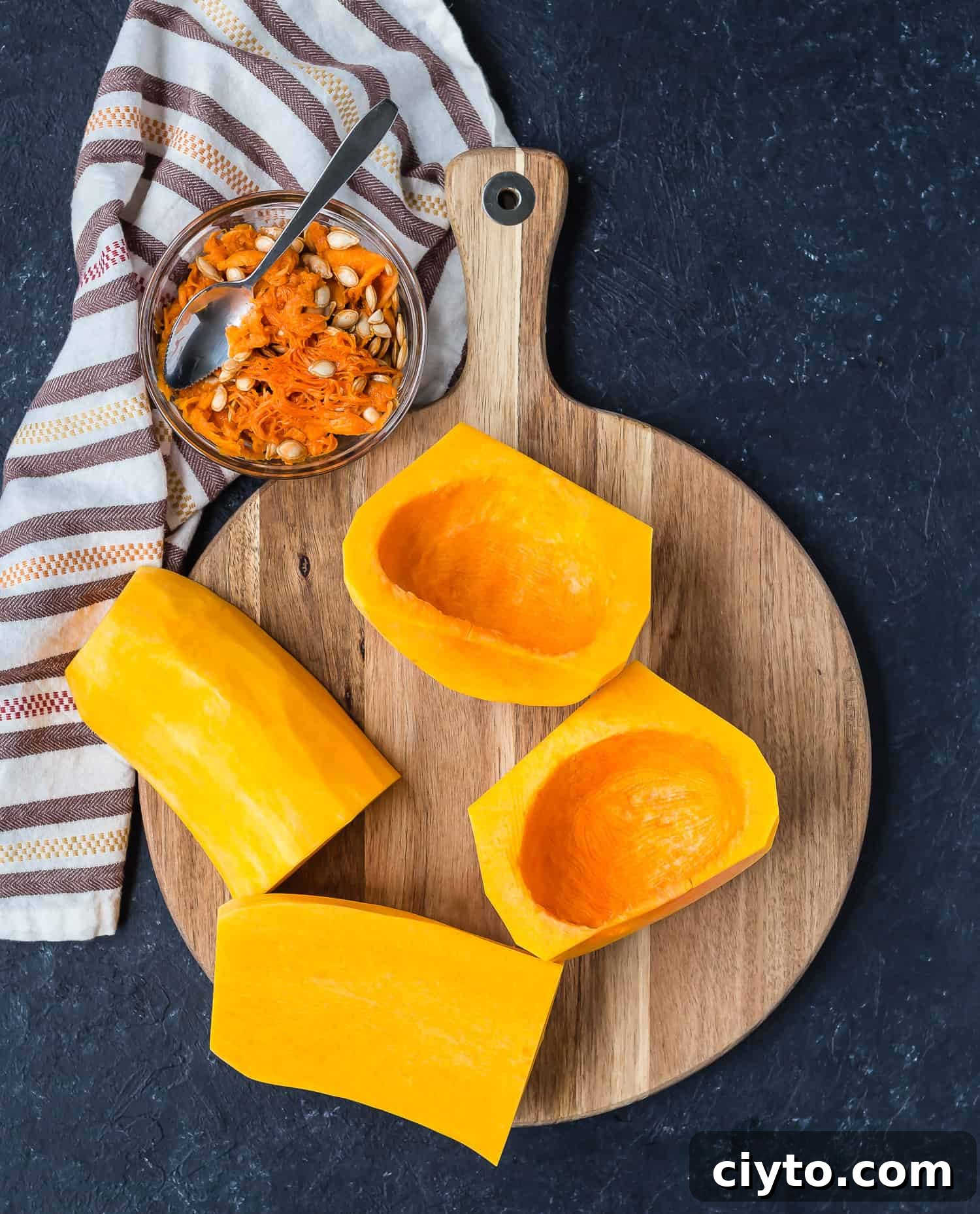 Peeled butternut squash with the seeds removed.