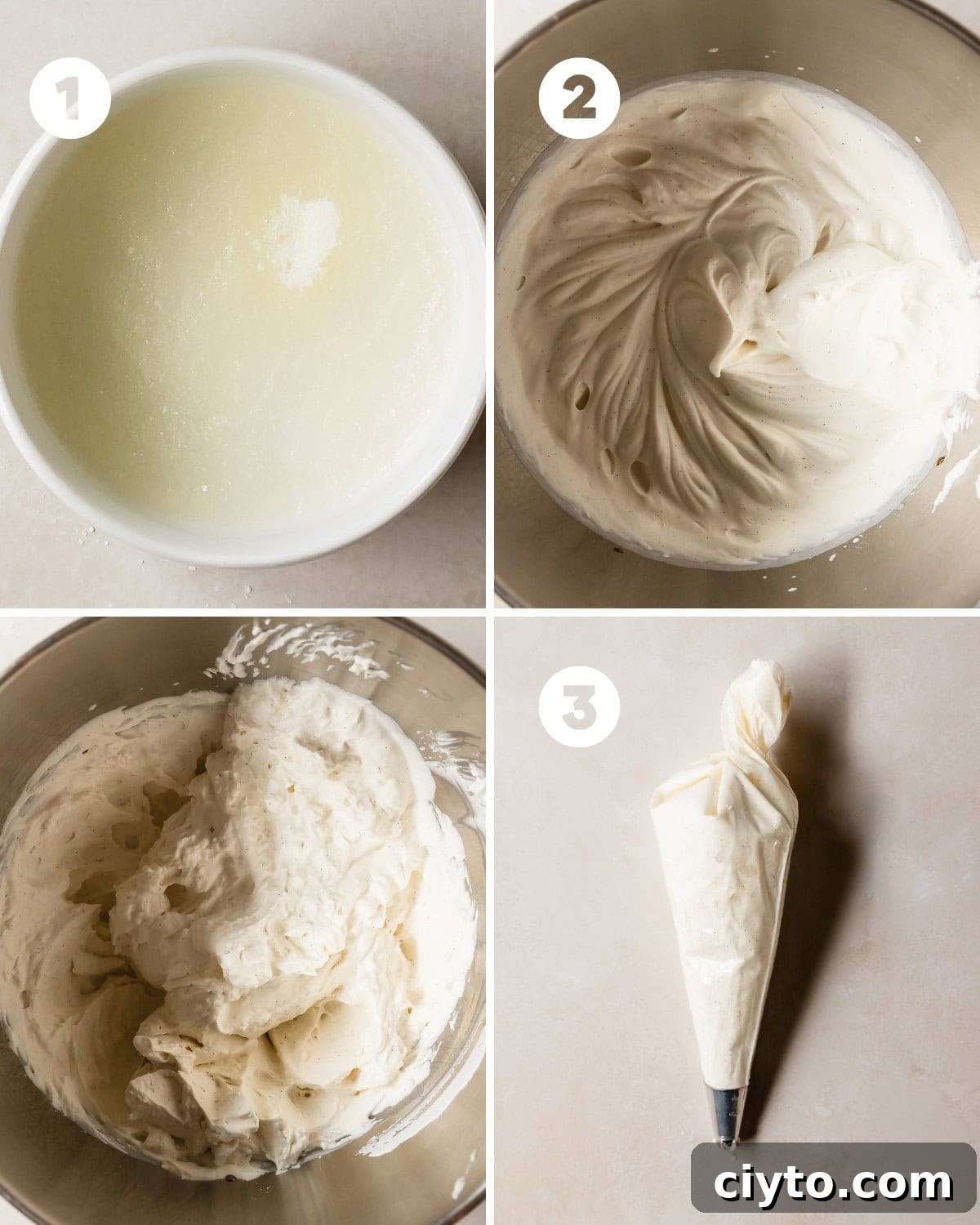 Place a mixing bowl and whisk in the fridge or freezer about 30 minutes before starting the recipe. Bloom the gelatin by sprinkling the powdered gelatin over water. The mixture should remain liquid. If the gelatin becomes solid, heat the bowl in the microwave for 5 - 10 seconds, stir well and cool briefly before using in the whipped cream. Set aside for now.
Add the heavy cream, powdered sugar and vanilla bean paste to a mixing bowl fitted with a whisk attachment. Combine the ingredients on low for 1 minute. Increase the speed of the mixer to medium speed while adding the liquid bloomed gelatin to the whipped cream. Mix for about 4 - 5 more minutes or until the creamy mousse has whipped to medium stiff peaks. 