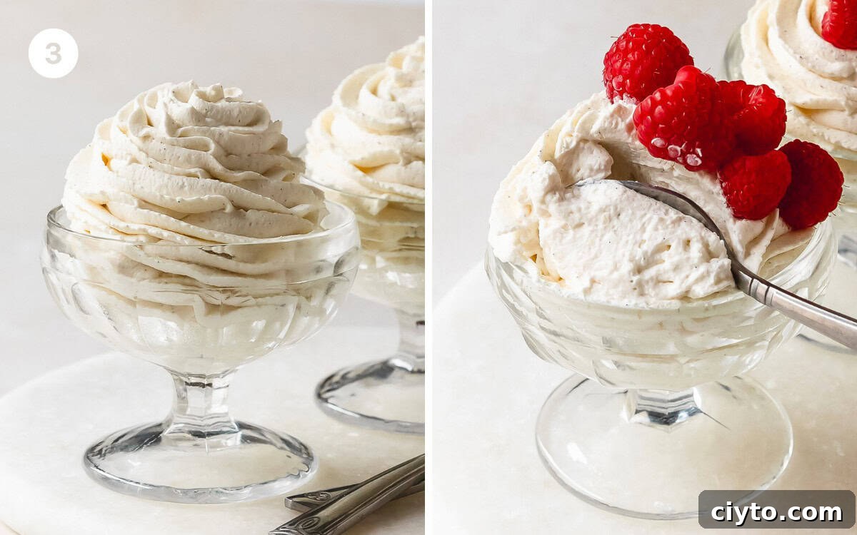 If you would like to pipe the mousse into serving cups or dishes transfer the mousse to a piping bag fitted with a star piping tip or simply scoop into your preferred dish. Transfer the mousse dessert cups to the fridge to set for at least 1 - 2 hours and up to overnight. Right before serving, top with mousse with fresh fruit or cubes of cake and enjoy.