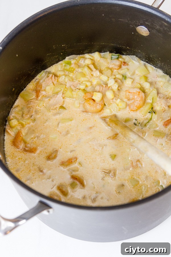 Cajun seafood chowder still in the pot
