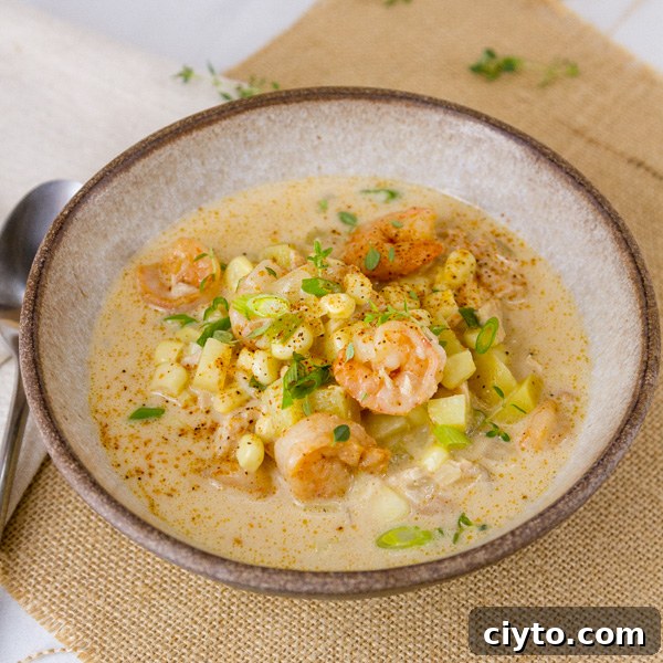square crop of a white bowl with Cajun seafood chowder