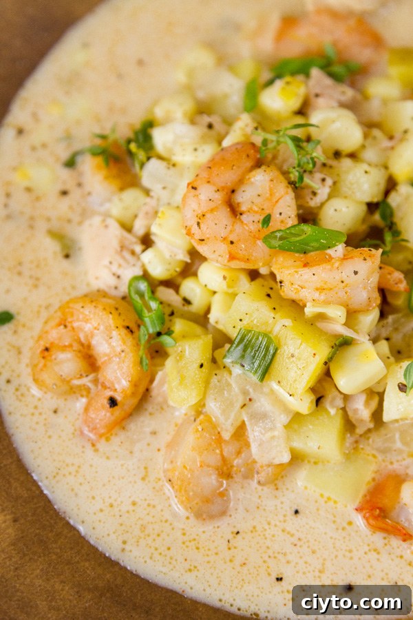close up of Cajun seafood chowder with lots of shrimp, corn, potatoes, and tuna