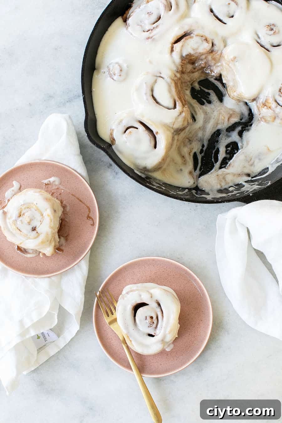 Cinnamon rolls in a cast iron skillet and two on a pink plate.