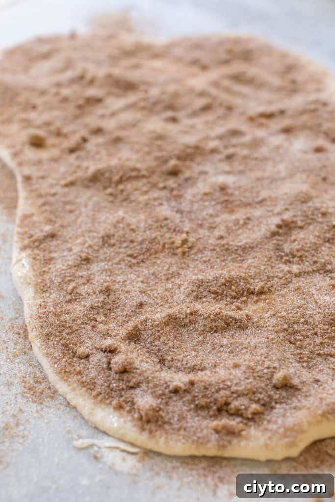 Cinnamon and Sugar Sprinkled over rolled out dough for cinnamon rolls.