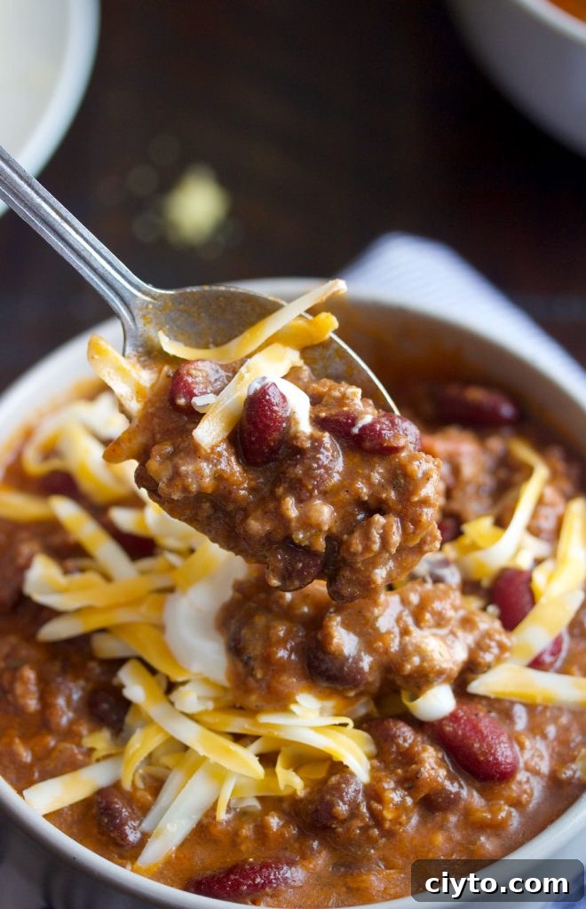 up close shot of a spoonful of instant pot chili