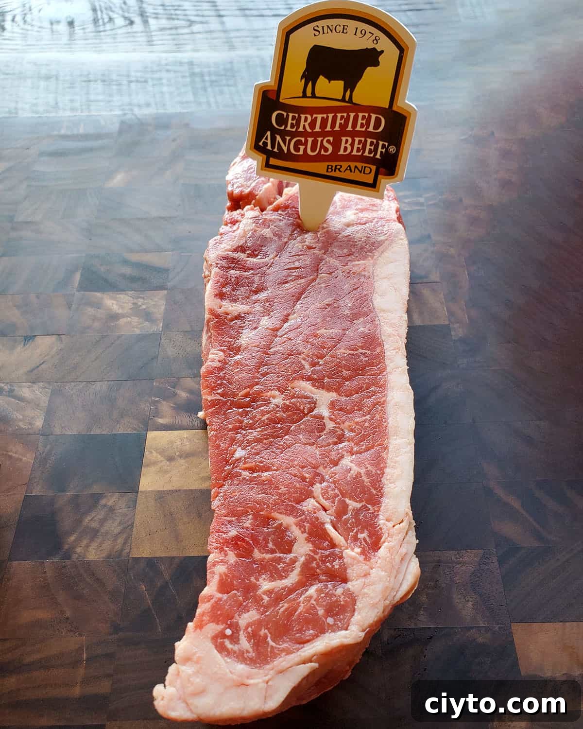 Certified Angus Beef brand ribeye choice grade with moderate marbling.
