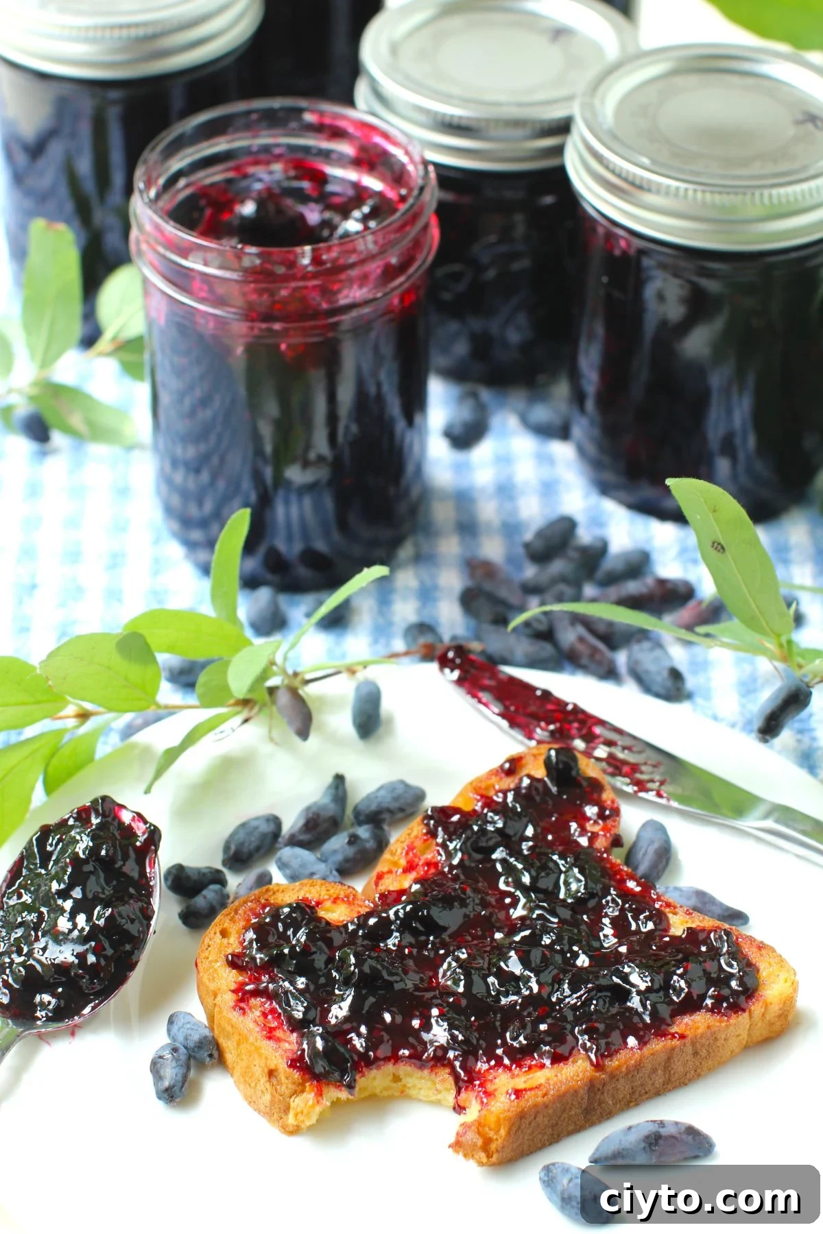 slice of toast spread with haskap jam, bite out of toast, jam jars behind