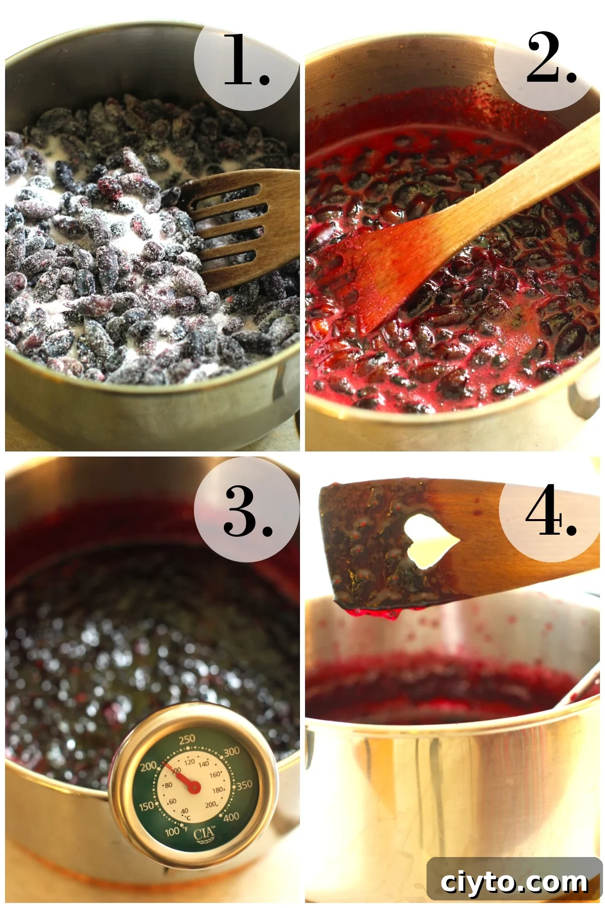 collage showing stages of cooking the haskap jam
