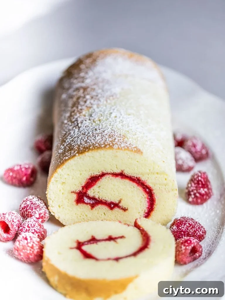 swiss roll cake with raspberries on white plate