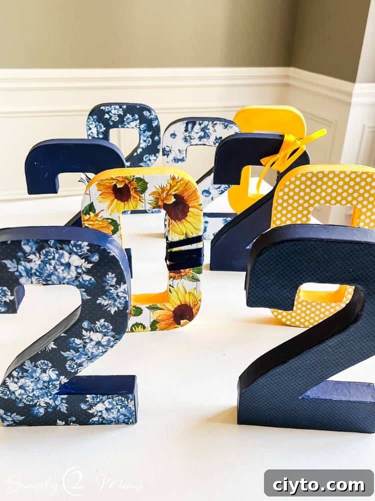 blue and yellow numbers decorated with scrapbook paper