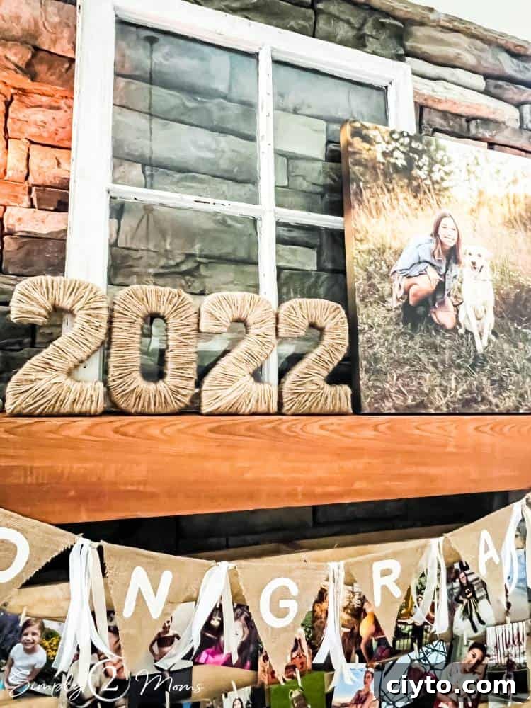 jute twine graduation year numbers on fireplace mantle with other party decor for graduation