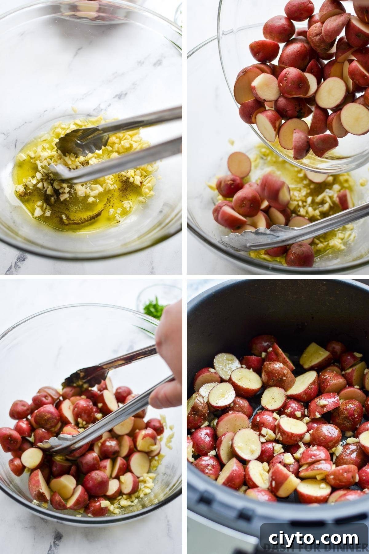 Combining baby potatoes with olive oil and adding to an air fryer basket.