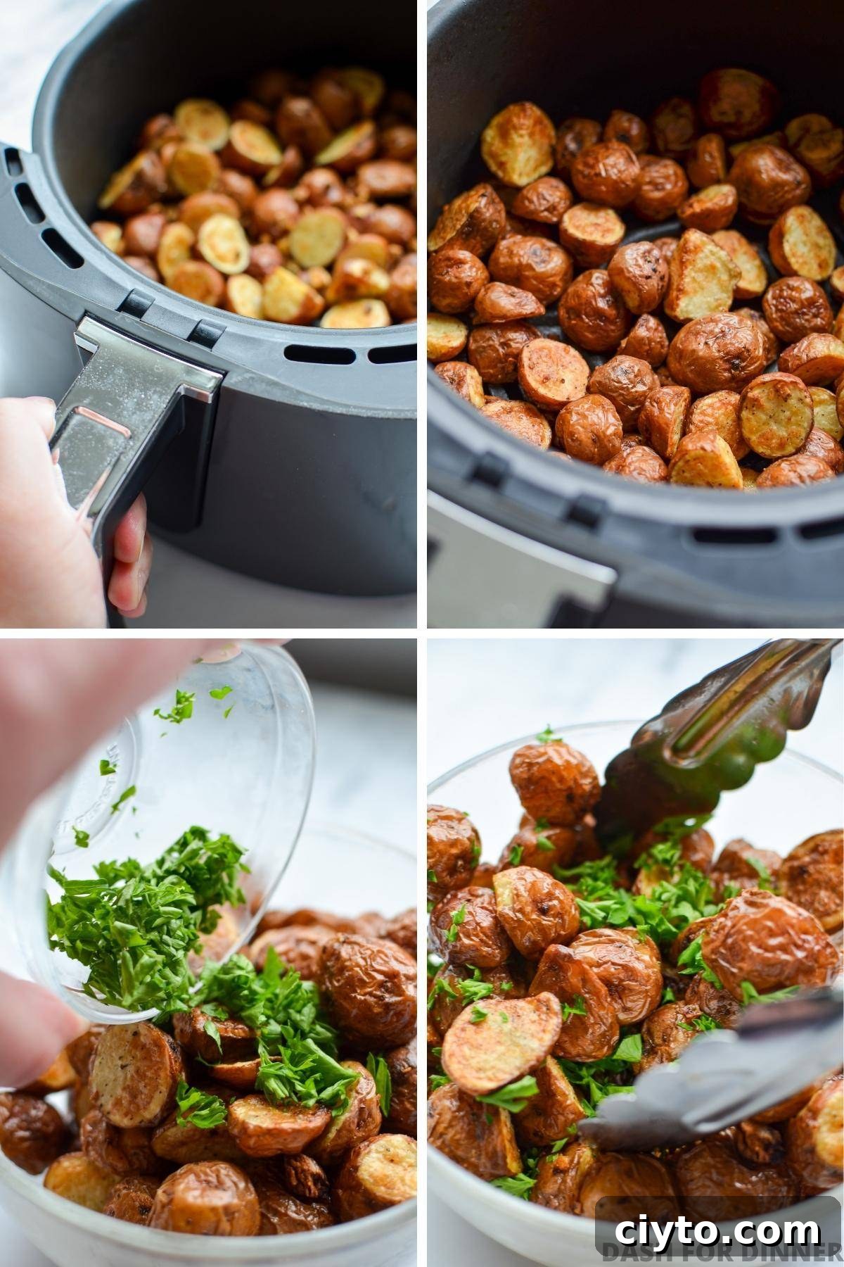Shaking an air fryer and adding parsley to baby potatoes.
