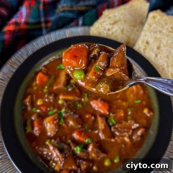 Why People Eat Too Few Vegetables and How to Eat More 3 spoon of beef stew over bowl of beef stew on big plate with side of bread