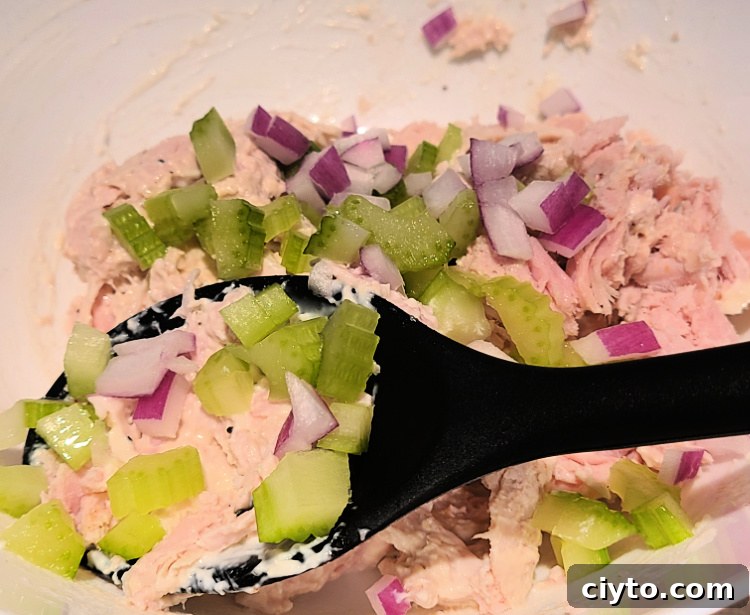 Smoked Turkey Salad ingredients in white bowl before mayo