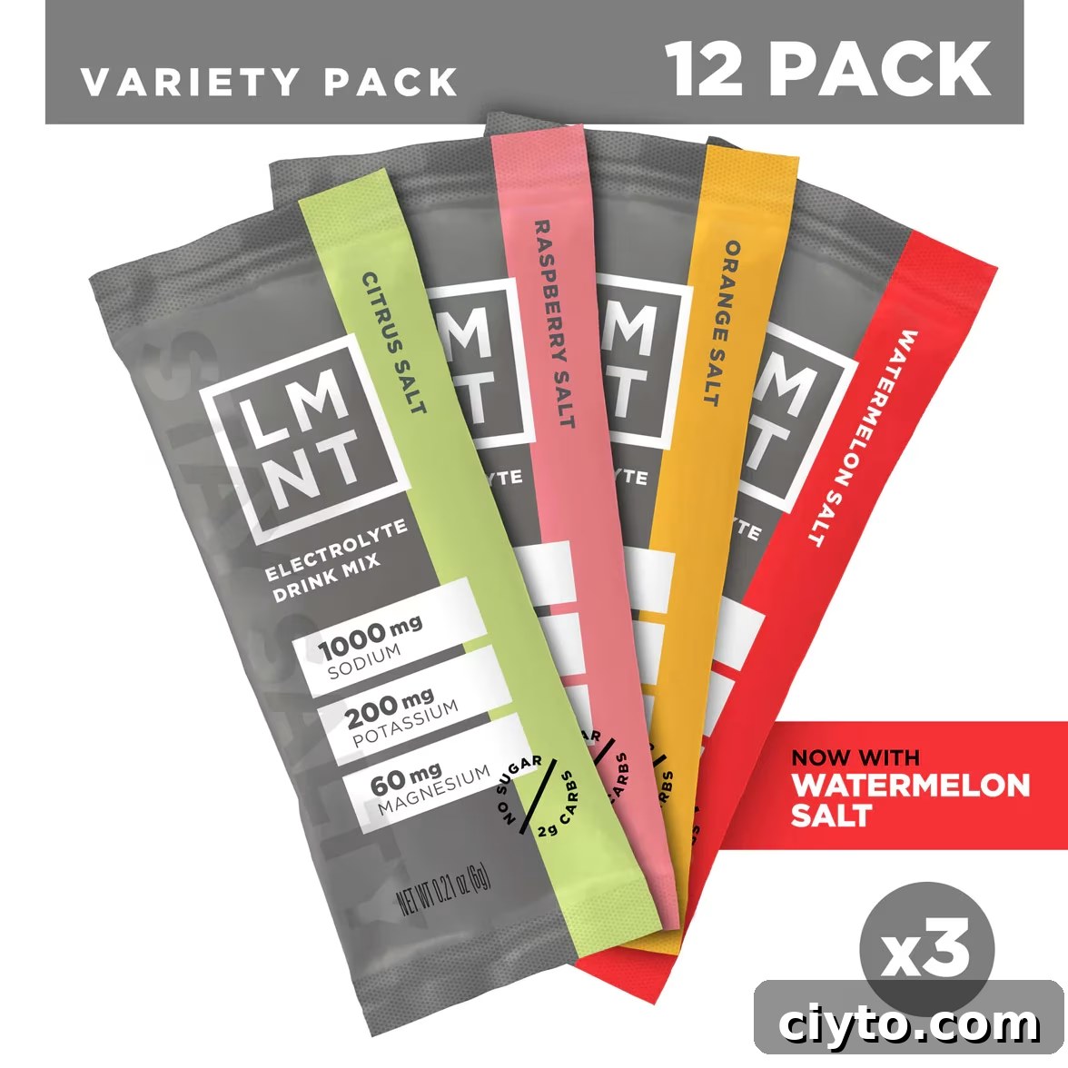A twelve-pack variety of LMNT Electrolyte Drink Mix sachets, featuring Citrus Salt, Raspberry Salt, Orange Salt, and Watermelon Salt flavors, is shown fanned out against a grey background.