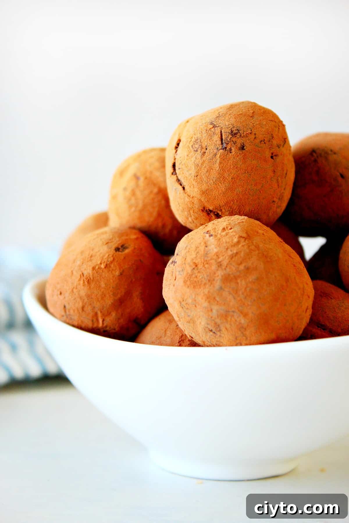 Chocolate truffles in a white bowl.