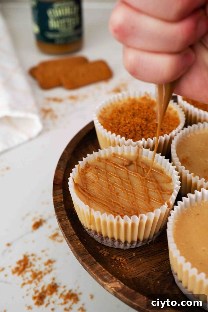 Mini Biscoff Cheesecakes Recipe with Cookie Butter Crust 16 Warm cookie butter is drizzled on top of a mini Biscoff cheesecake.
