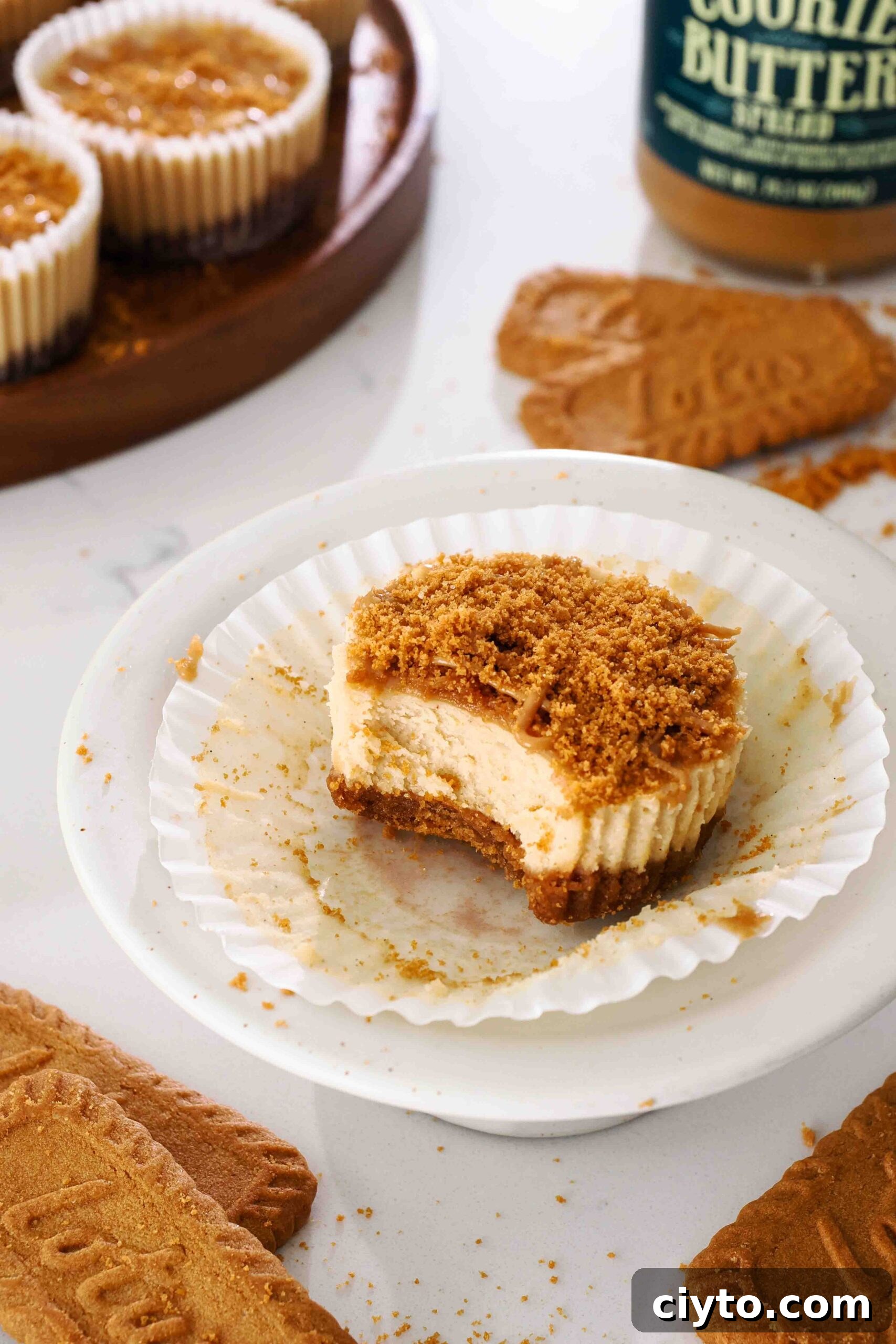 Mini Biscoff Cheesecakes Recipe with Cookie Butter Crust 18 A bite is missing from a mini Biscoff cheesecake on a small platter.
