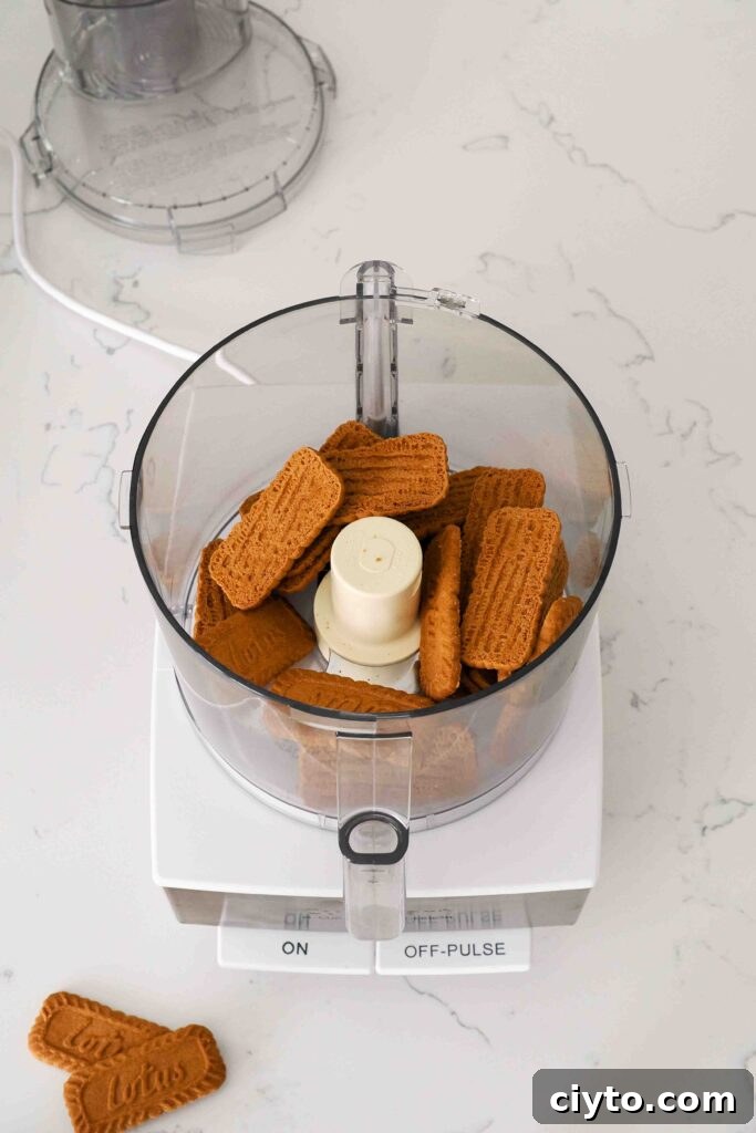 Mini Biscoff Cheesecakes Recipe with Cookie Butter Crust 4 Biscoff biscuits in a food processor bowl.