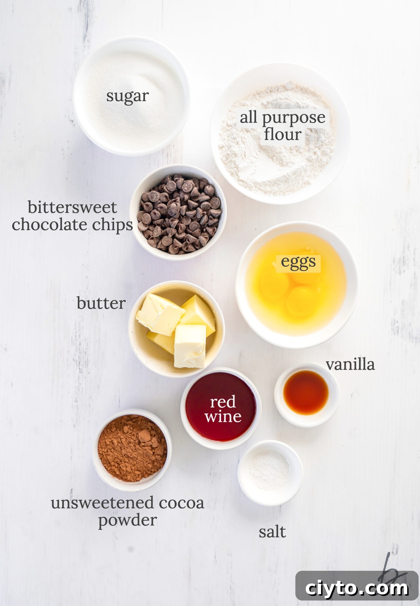 Decadent Red Wine Brownies Recipe 3 red wine brownie ingredients in bowls labeled with text.