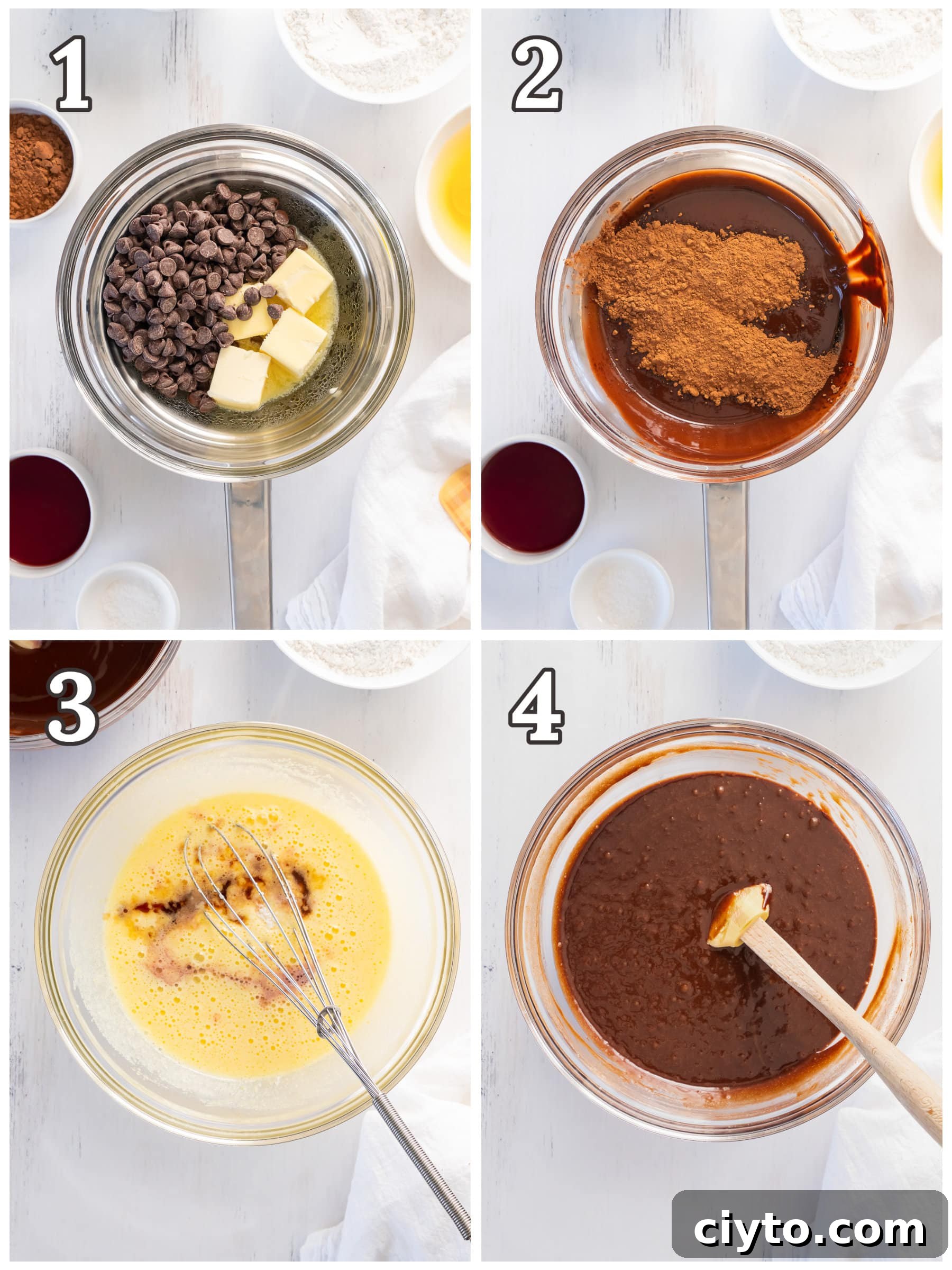 Decadent Red Wine Brownies Recipe 4 photo collage demonstrating how to make red wine brownies in a makeshift double boiler and mixing bowl.