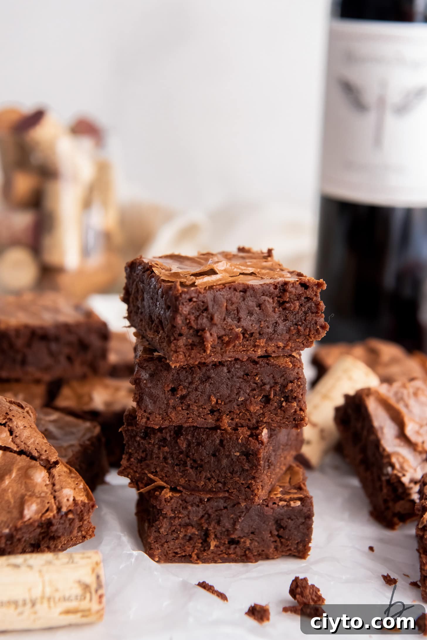 Decadent Red Wine Brownies Recipe 5 stack of four red wine brownies next to wine cork and bottle of red wine.