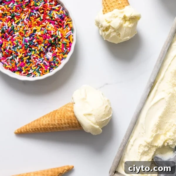 Creamy Vanilla Ice Cream Recipe with Real Vanilla Beans 5 Top down view of vanilla ice cream in container with ice cream scooped into an ice cream cone with sprinkles in white container