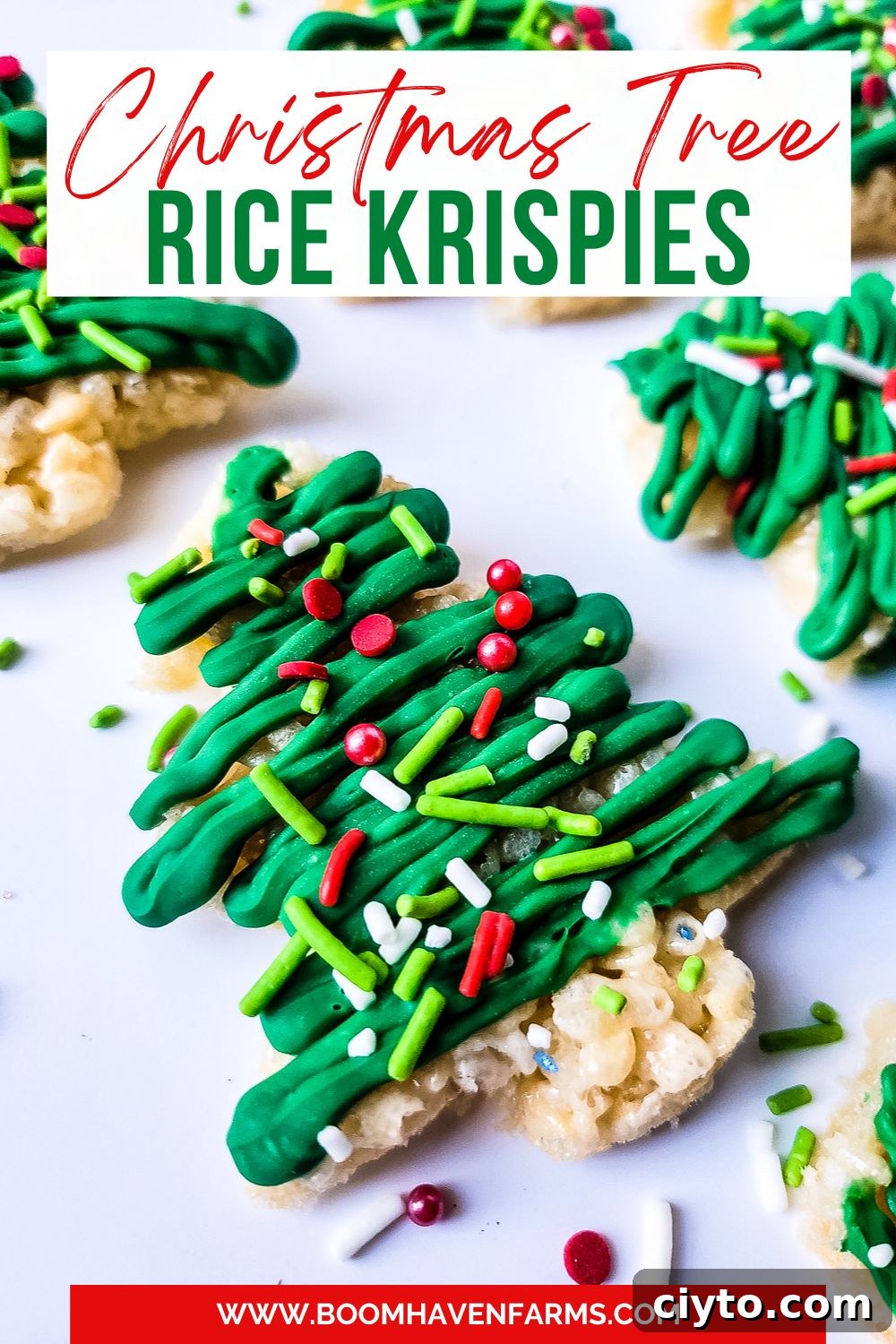 Christmas tree shaped Rice Krispies with icing and sprinkles