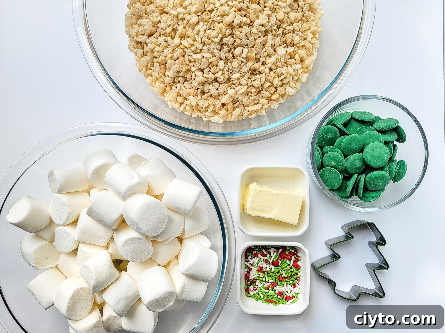 ingredients in bowls for Christmas trees rice Krispy treats