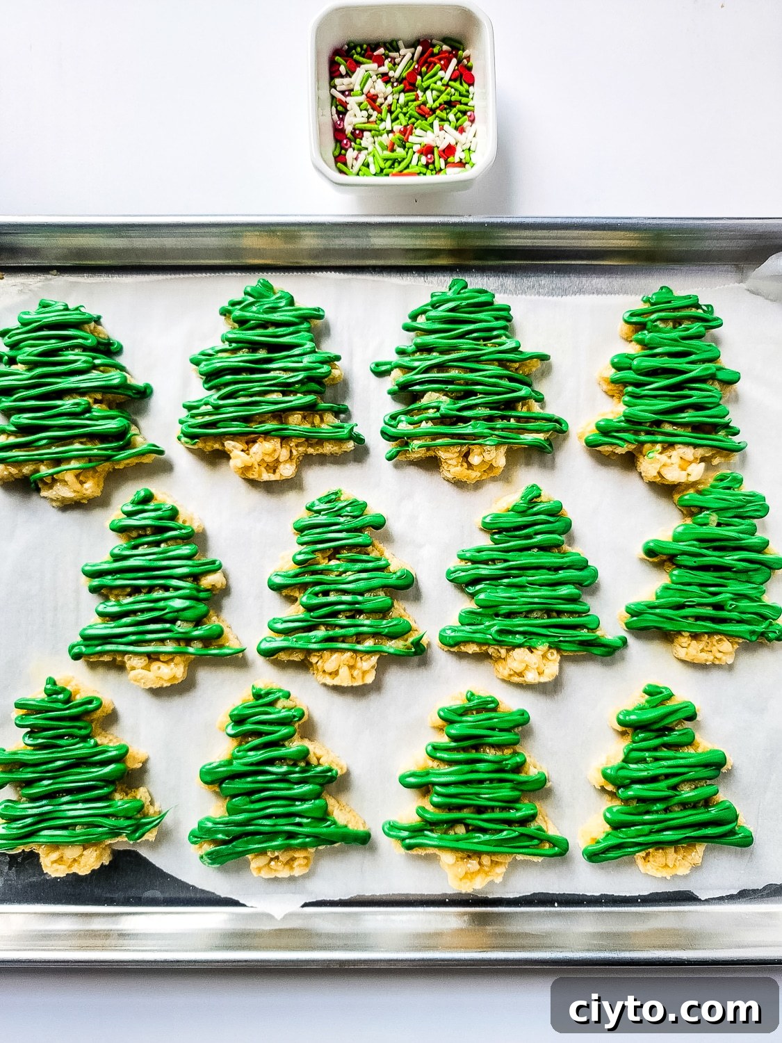 christmas tree shaped Rice Krispies with icing