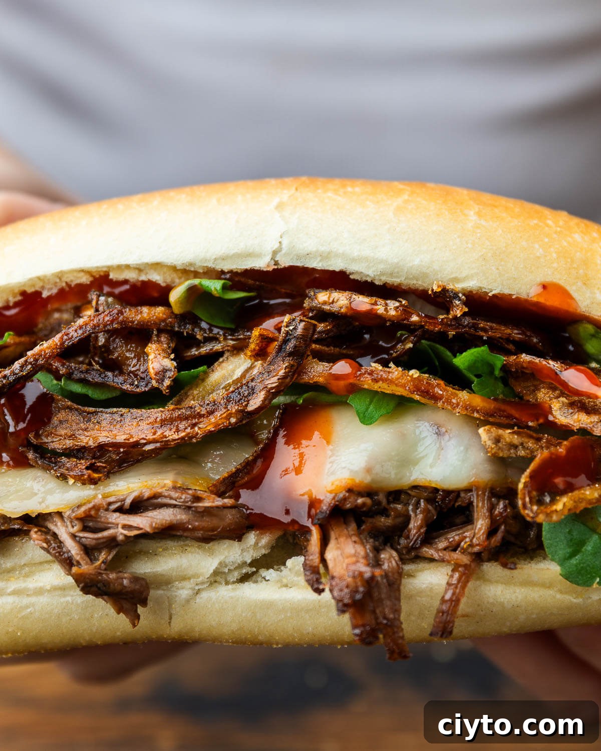 Melt-in-Your-Mouth Chuck Roast Sandwich with Crispy Onions 2 Closeup shot of chuck roast sandwich with melted cheese and crispy onions.