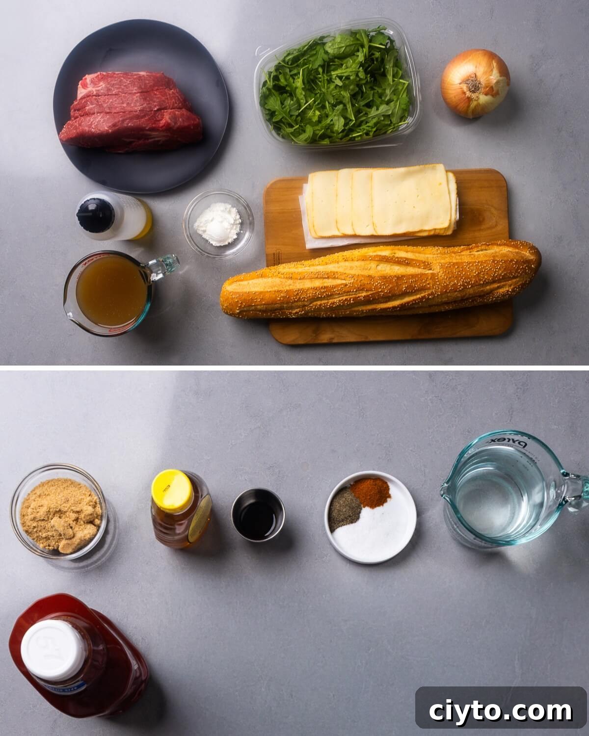 Melt-in-Your-Mouth Chuck Roast Sandwich with Crispy Onions 4 Ingredients shown: chuck roast, arugula, onion, olive oil, beef stock, cornstarch, muenster cheese, loaf of bread, brown sugar, honey, worcestershire sauce, spices, vinegar, and ketchup.