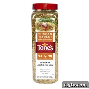 Ground Tuscan Garlic seasoning blend in a clear jar.