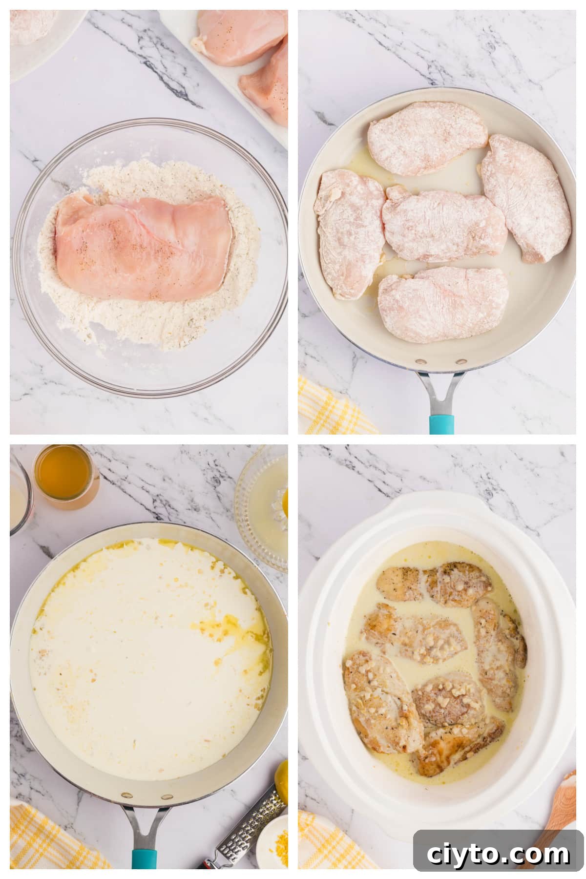 A collage of four images showing how to make slow cooker lemon chicken.