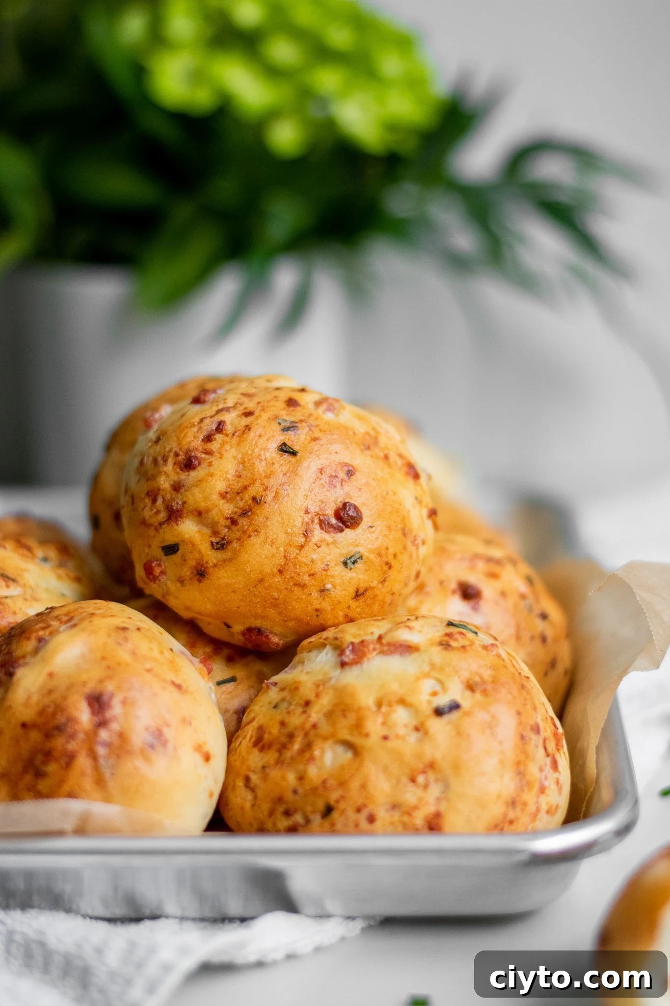Hyggeboller: Danish Ham and Cheese Rolls 2 Rolls with ham, cheese, and chives.
