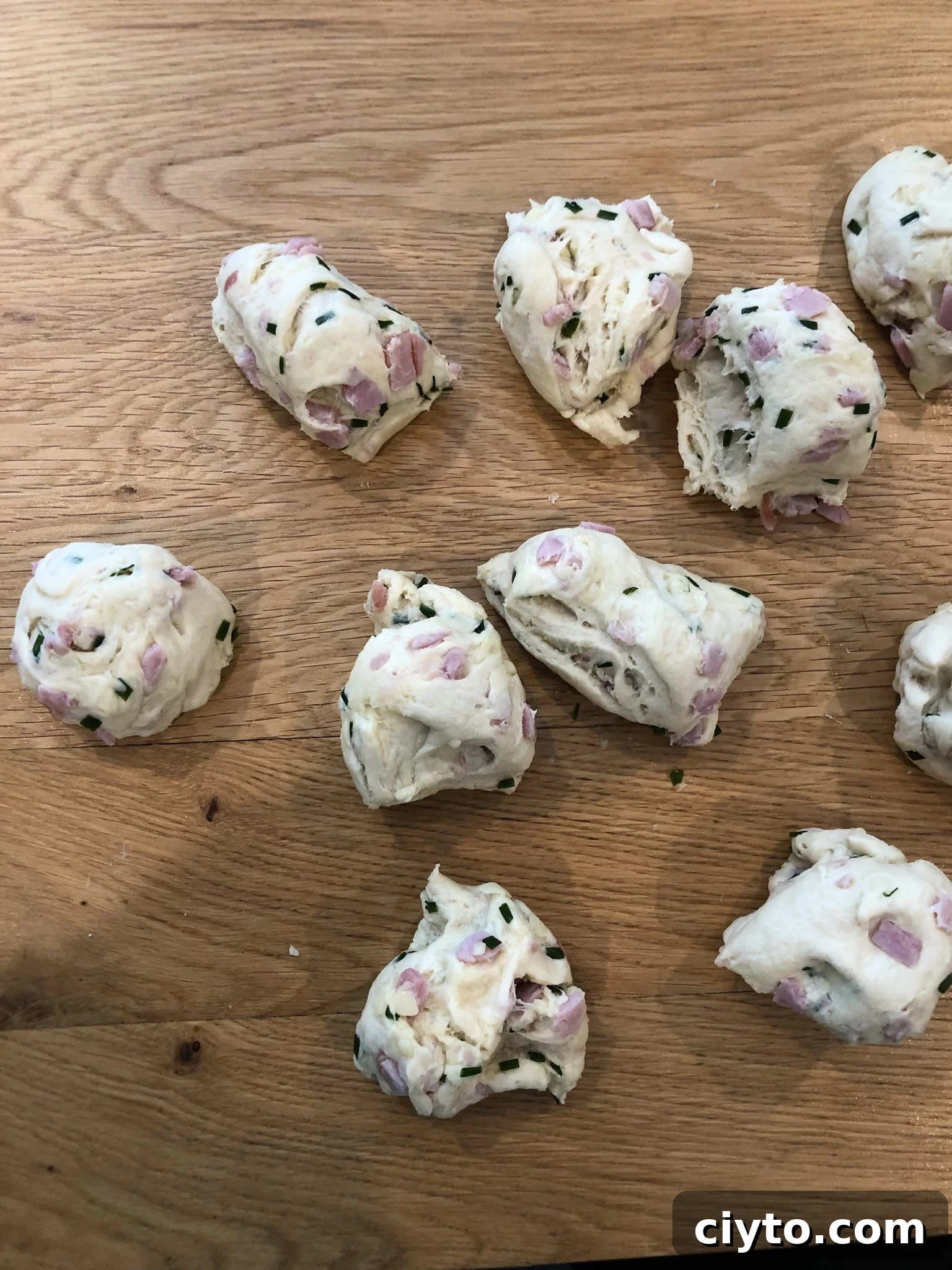 Hyggeboller: Danish Ham and Cheese Rolls 6 Rolls being shaped.