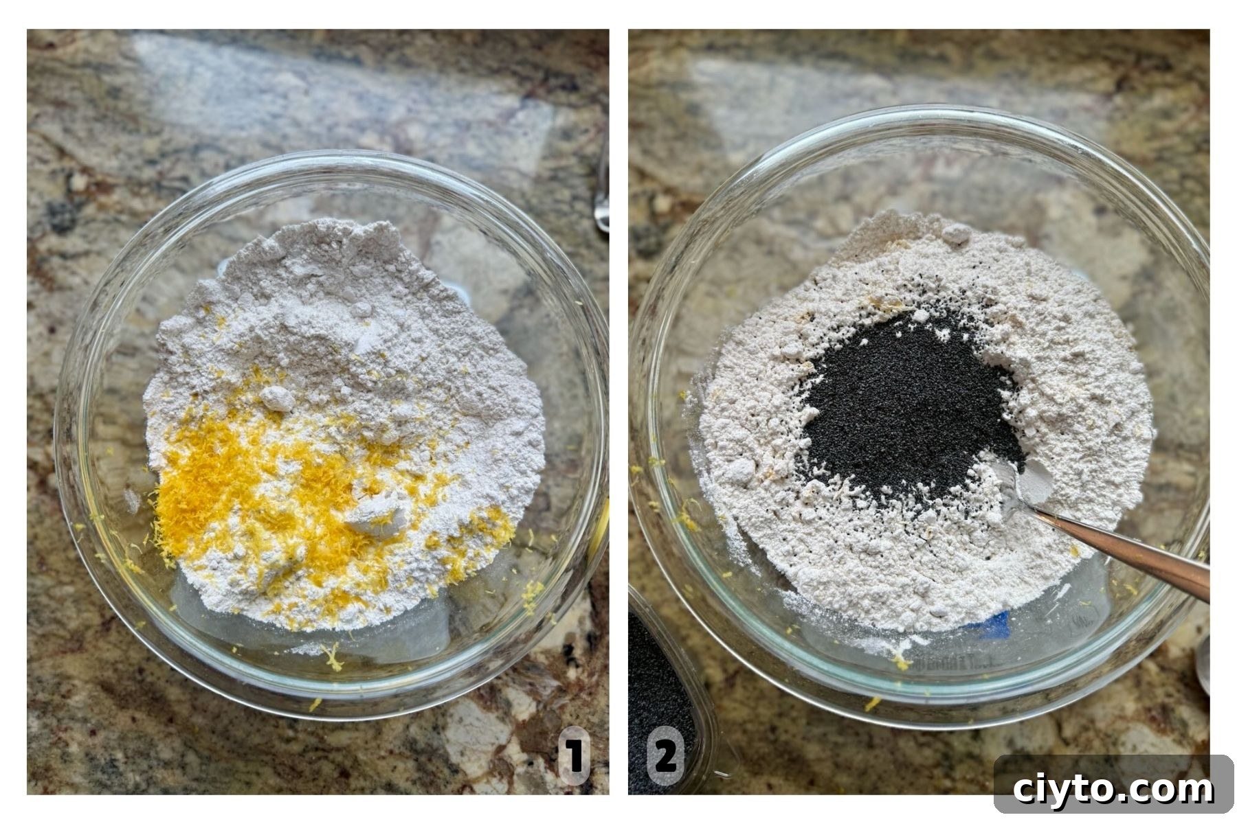 Lemon Poppy Seed Sourdough Scones Recipe 4 Two pictures show a bowl of dry ingredients with lemon zest on top in the first picture and poppyseeds added in the second image.