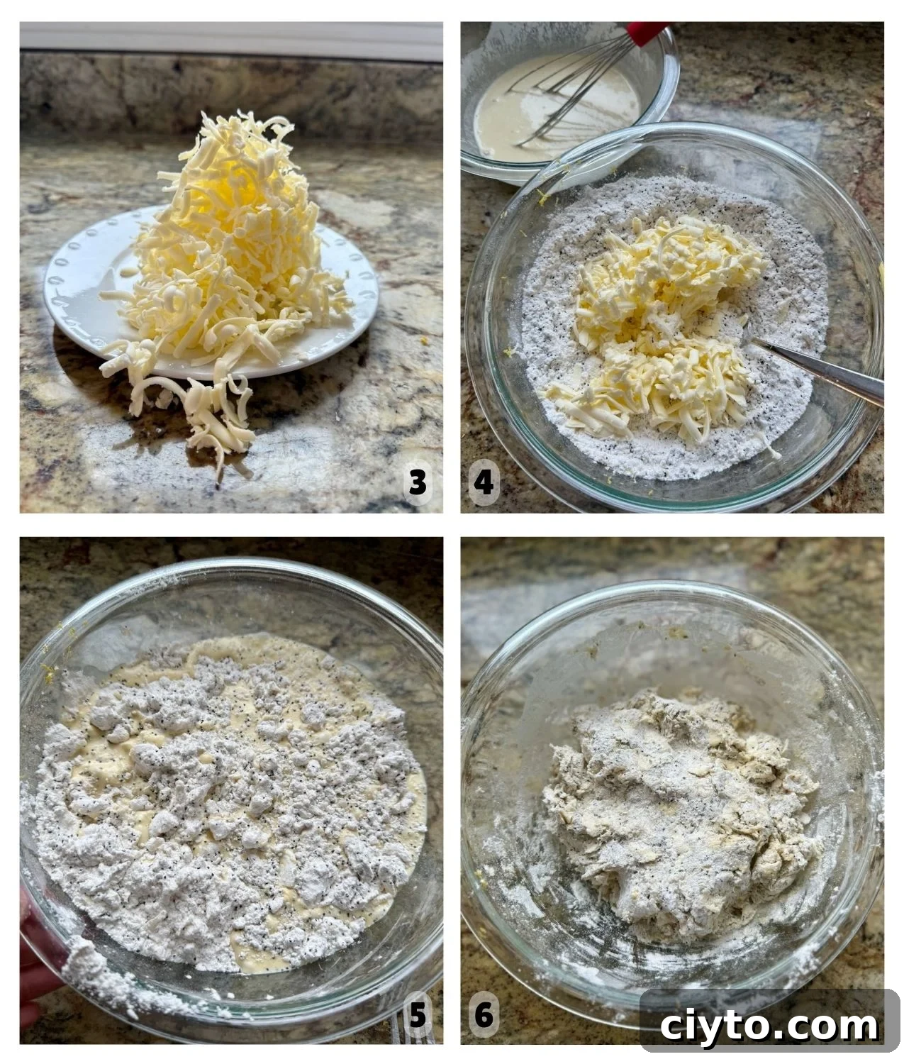 Lemon Poppy Seed Sourdough Scones Recipe 5 Four pictures show grated butter, that same grated butter added on top of dry ingredients, the same bowl with wet ingredients poured in, and the mixed scone dough in the final image.
