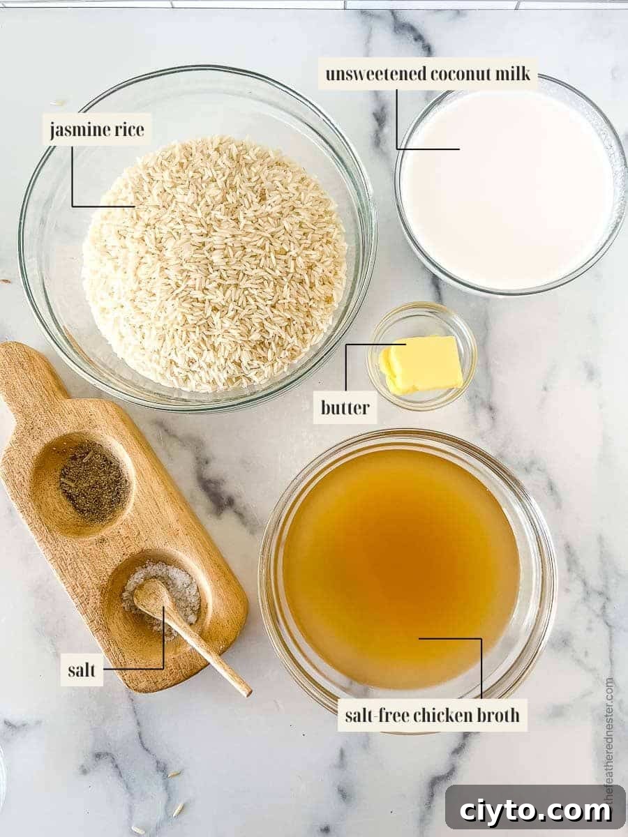 Labeled ingredient image for coconut rice recipe.
