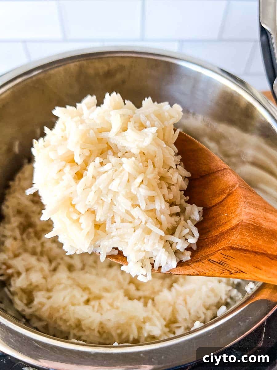 Scoopful of fluffy grains on a wooden spoon.