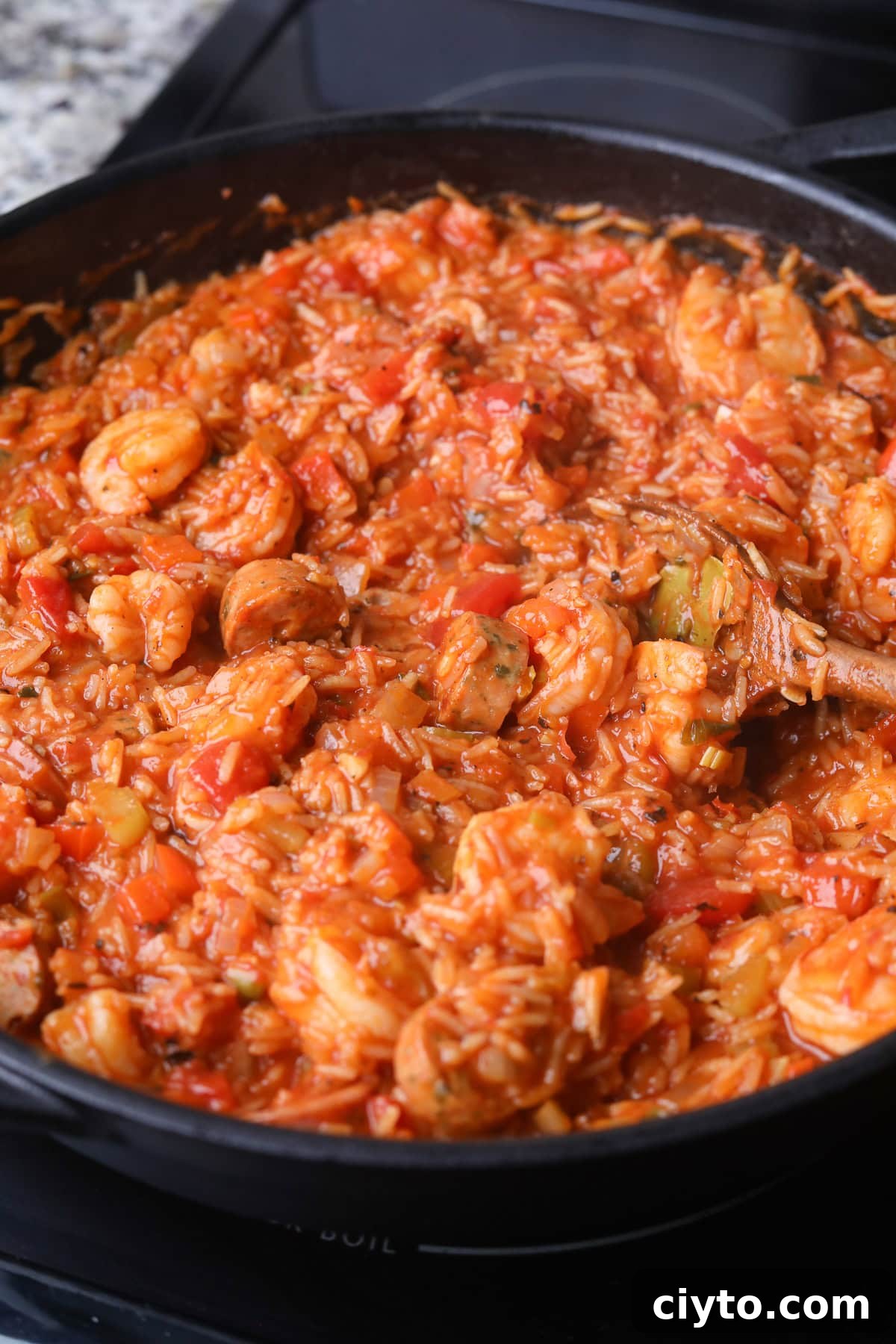 One-Pot Shrimp and Sausage Jambalaya Recipe 7 Shrimp and sausage jambalaya finished cooking on the stove top.