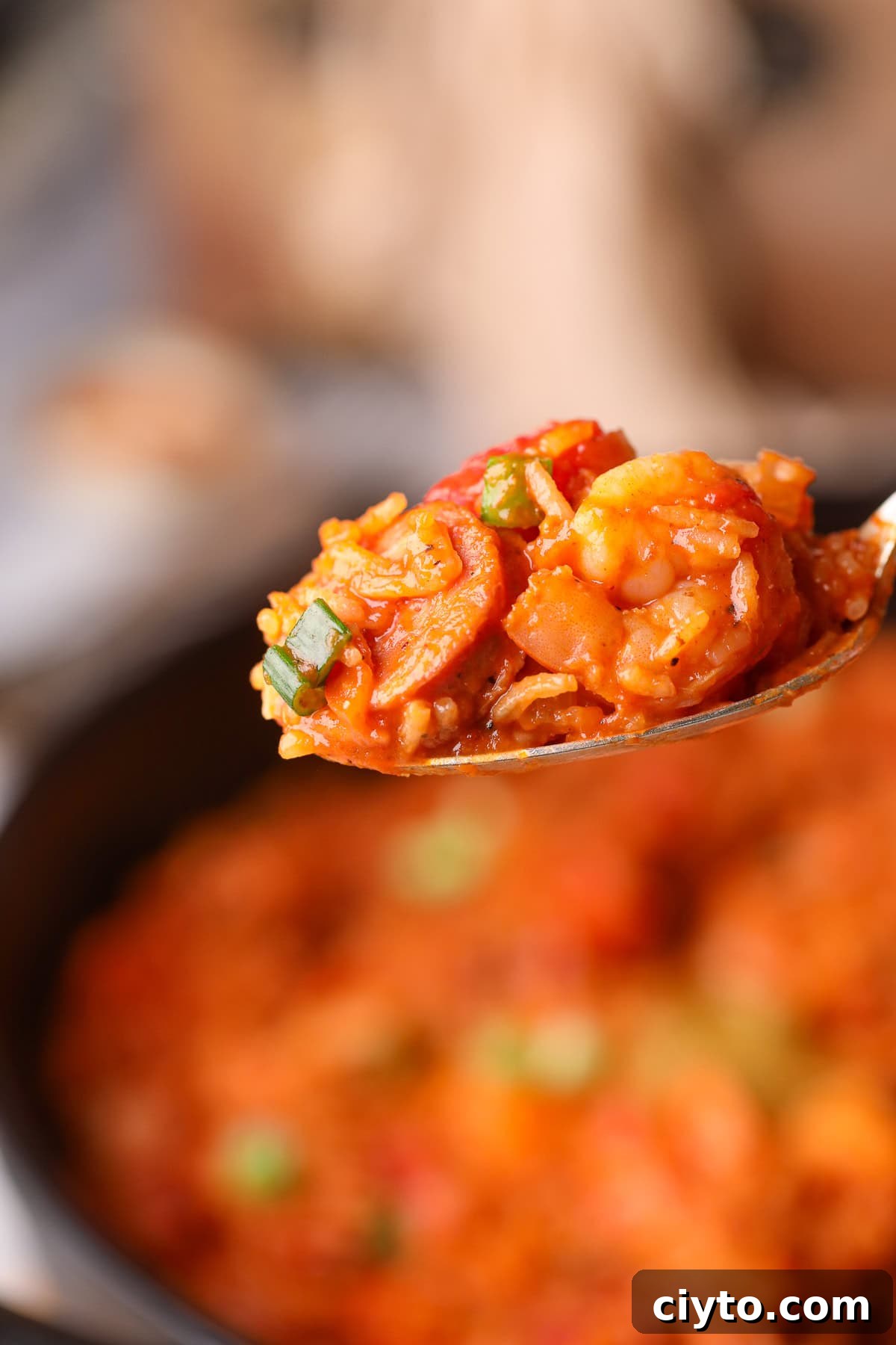 One-Pot Shrimp and Sausage Jambalaya Recipe 9 Shrimp and sausage jambalaya on a serving spoon.