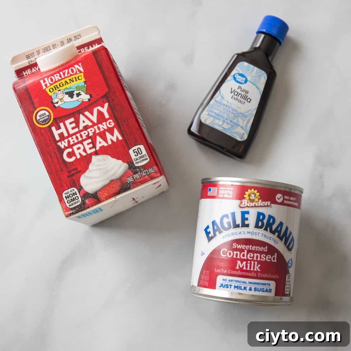 Ingredients for no churn ice cream on counter.