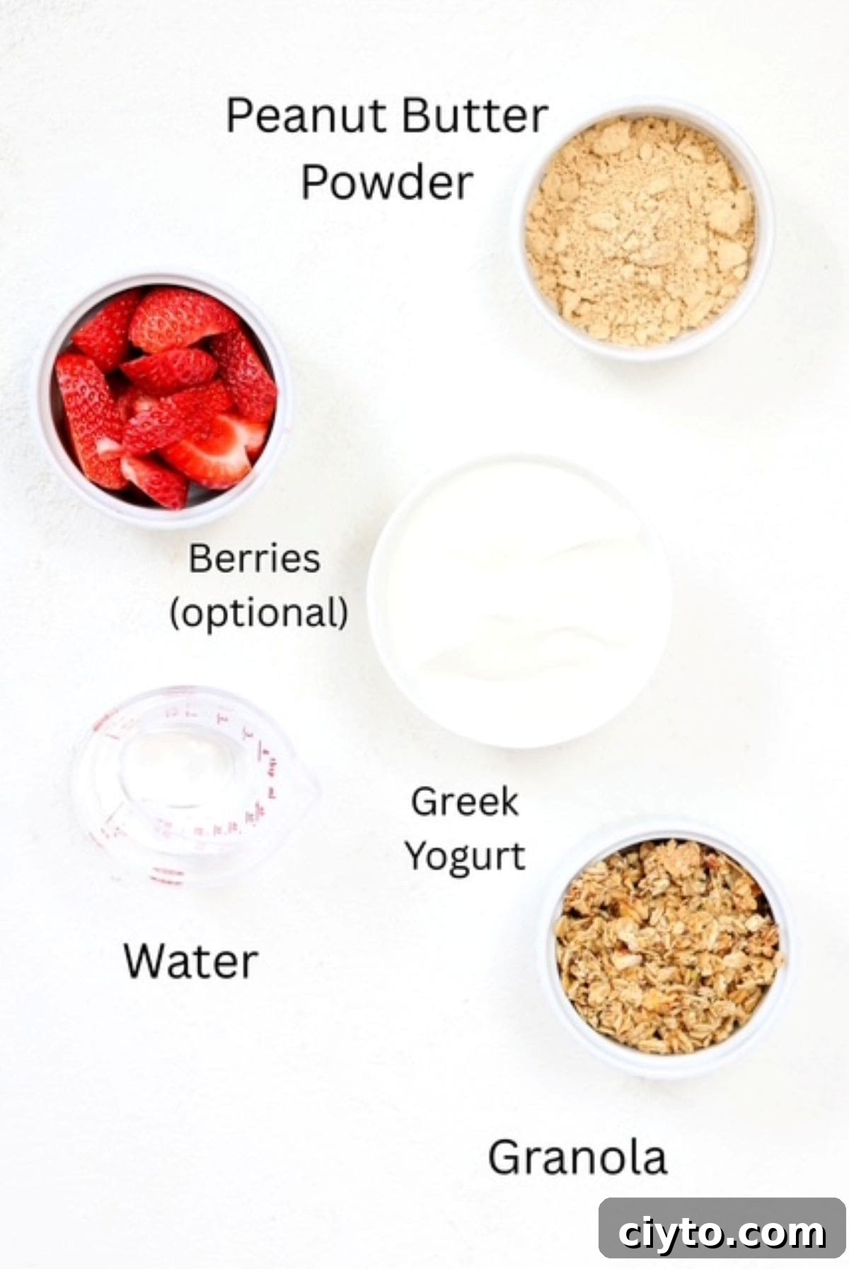 Ingredients for making a Greek yogurt parfait with fresh strawberries, labeled.